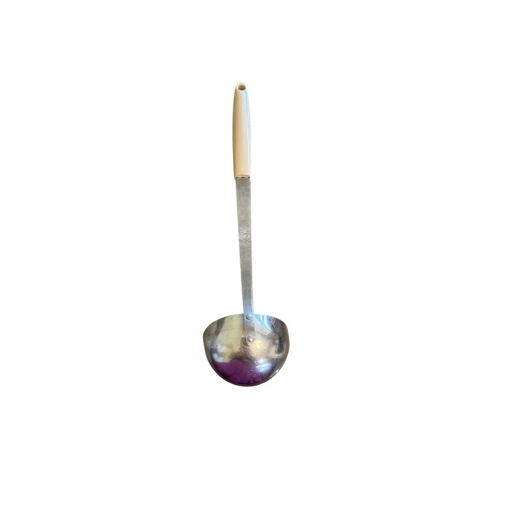 Vintage Flint Ekco Stainless Steel Soup Ladle White Melamine Floral Handle USA